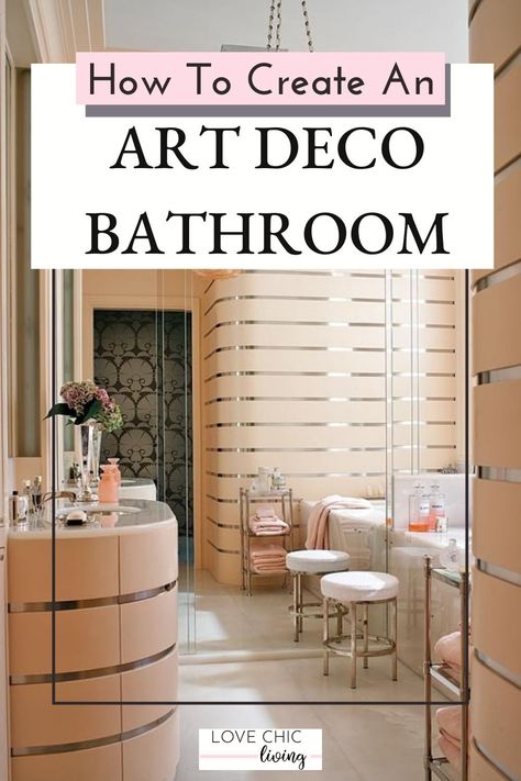 My best tips for creating a contemporary art deco bathroom using art deco lighting, mirrors, art deco bathroom vanity dressers & more. Bring a touch of Art Deco to your home with these stunning design ideas! #lovechicliving Modern Art Deco Inspired Bathroom, Art Deco Tile Bathroom, Great Gatsby Bathroom, Art Deco Mirror Bathroom, Art Deco Tiles Bathroom, Art Deco Bathroom Ideas, Great Gatsby Film, Modern Art Deco Bathroom, Art Deco Bathroom Vanity