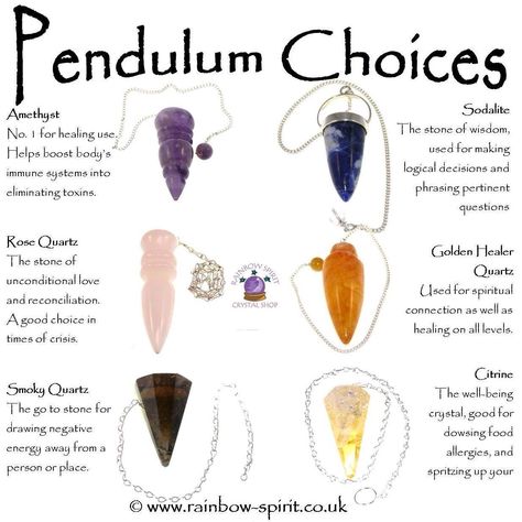 Amethyst,  Rose Quartz, Smoky Quartz, Sodalite, Golden Healer,  Citrine Crystal Pendulum  stones.. it's best to start with the Amethyst Magia Das Ervas, Wiccan Magic, Wiccan Spell Book, Witchcraft Spell Books, Witchcraft For Beginners, Spiritual Crystals, Herbal Magic, Modern Witch, Crystal Therapy