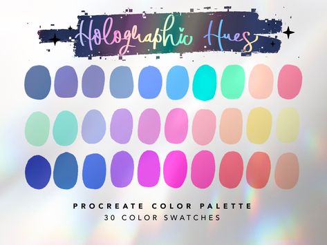 Holographic Hues Color Palette For Procreate This color palette contains 30 color swatches to use in Procreate App. These colors were handpicked and were inspired by bold, iridescent, pastel colors. ⭐️ || YOU WILL RECEIVE || ⭐️ 1 x Procreate Palette Instructions 1 x JPG file with all swatches 1 x Holographic Hues Color Palette for Procreate || .swatches file ⭐️ || HOW TO USE || ⭐️ 1. You will receive an email after you complete checkout with a link to download the files. 2. You can also log into your Etsy account on a web browser, NOT on the Etsy app. Go to 'Your Account', then 'Purchases and Reviews'. Then you will be able to download the links. 3. Once you downloaded the files, you can click to open the .swatches file and it will automatically add it to your Procreate Palettes in the App Procreate Color Palette Pastel, Lisa Frank Color Palette, Iridescent Color Palette, Color On Procreate, Opal Color Palette, Iridescent Palette, Vaporwave Color Palette, Cute Color Palettes, Magic Color Palette