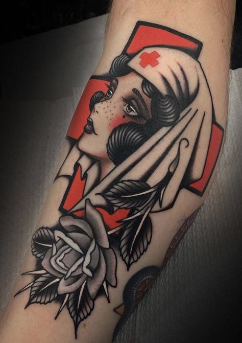 Traditional Tattoo Nurse, Feminin Tattoos, Nurse Tattoo Ideas, Symbol Tattoo Ideas, Nurse Symbol, Nurse Tattoo, Medical Tattoo, Feminine Tattoo Sleeves, Mark Tattoo