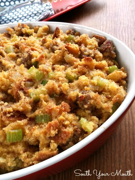 Onion Cornbread, Cornbread Dressing With Sausage, Dressing With Sausage, Southern Dressing, Sausage And Rice Casserole, Southern Cornbread Dressing, South Your Mouth, Dressing Recipes Thanksgiving, Bread Dressing