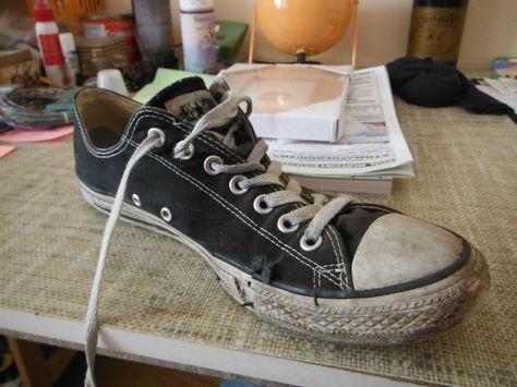 Fancy Footwork (Repair Those Old Soles) Converse Repair, Vintage Converse Sneakers With Rubber Sole, Destroyed Converse, Vintage Lace-up Skate Shoes With Vulcanized Sole, Worn Shoes Old, Shoe Sole Repair, Upcycle Inspiration, Shoe Lace Tying Techniques, Shoe Sole