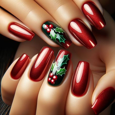 Christmas Gel Nail Art Designs, Red White And Green French Tip Nails, Burgundy Xmas Nails, Red Plaid Nail Designs, Red And Green Ombre Nails, Red Green Gold Nails, Pointsetta Nail Design, Minimalist Nails Christmas, Holly Nails Christmas