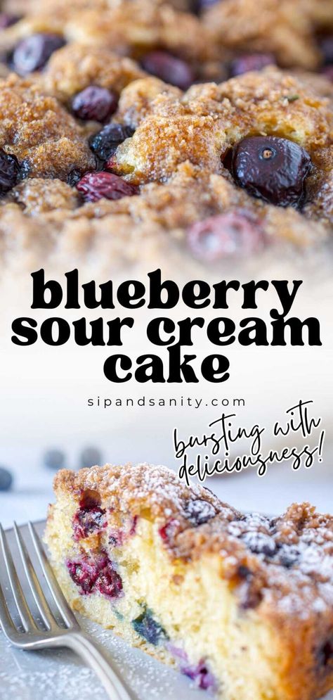 Bake some happy into your day with our Blueberry Sour Cream Coffee Cake! This easy recipe features a crispy streusel topping and a tender crumb thanks to sour cream, making it perfect for breakfast or dessert. Indulge in the best of blueberry flavors! Desserts With Sour Cream, Sour Cream Brownies, Sour Cream Recipes Easy, Blueberry Sour Cream Cake, Cake Recipe With Sour Cream, Sour Cream Coffee Cake Muffins, Blueberry Sour Cream Coffee Cake, Blueberry Coffee Cake Recipe, Sour Cream Desserts