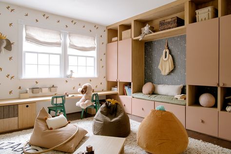 Pink Cabinets, Top Of Stairs, Hampton Home, Large Sectional, Playroom Storage, Leather Lounge Chair, Kids Interior, Highland Park, Kids Playroom