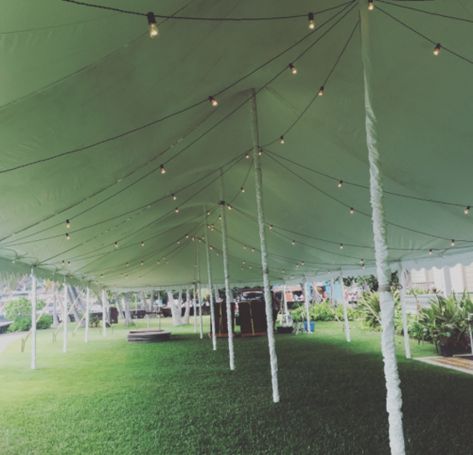 30x pole tent with white leg covers and market lighting for a wedding at  Hulihee Palace. How To Cover Wedding Tent Poles, Hulihee Palace, Padded Folding Chairs, Clear Tent, Market Lighting, Backyard Weddings, Rotary Club, Tent Poles, Wedding Tent