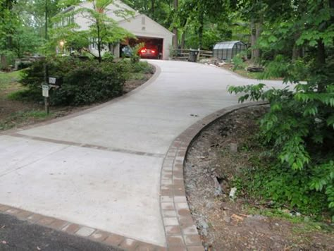 Concrete driveway with paver border. | Driveway/Walkway ... Driveway With Paver Border, Cheap Backyard Makeover Ideas, Cement Driveway, Brick Paver Driveway, Driveway Walkway, Brick Sidewalk, Brick Border, Brick Driveway, Driveway Ideas