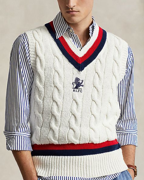 Cotton Cricket Sweater Vest Mens Preppy Fashion, Cricket Sweater, Jumper For Men, Preppy Fashion, Preppy Mens Fashion, Sweater Vest Mens, Sleeveless Jumper, Sleeveless Pullover, Ralph Lauren Purple Label