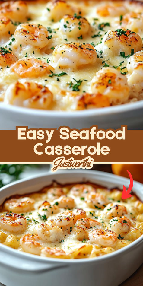 This Easy Seafood Casserole is a comforting, creamy, and delicious dish that combines your favorite seafood with a rich, cheesy sauce and baked to perfection. It’s quick to prepare and makes a great dinner for family meals or special occasions. The blend of shrimp, crab, and fish in a creamy sauce will have everyone asking for seconds! Seafood Recipes For Dinner Families, Seafood Bake Casserole, Seafood Comfort Food Recipes, Simple Seafood Dinner, Great Dinner Recipes Families, Shrimp Scallops And Crab Meat, Simple Seafood Casserole, Cheesy Crab Bake, Creamy Seafood Casserole Recipes