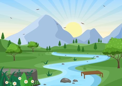 Download the Sunrise Landscape of Morning Scene Mountains, Hill, Lake and Valley in Flat Nature for Poster, Banner or Background Illustration 5132148 royalty-free Vector from Vecteezy for your project and explore over a million other vectors, icons and clipart graphics! Good Morning Landscape, Mountain Animation, Sunrise Clipart, Mountain Cartoon, Sunrise Vector, Nature Animated, Valley Drawing, Valley Illustration, Scenery Clipart