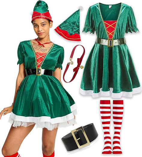 Christmas Costume Santa Elf Dress Roleplay Party Gift Adult Fancy Dress Up Outfit with Hat Belt Sock Necklace Elf Costume Women, Mrs Claus Outfit, Outfit With Hat, Christmas Elf Outfit, Elf Dress, Christmas Fancy Dress, Role Play Costume, Santa Elf, Elf Clothes