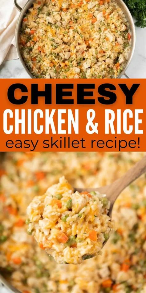 Cheesy Chicken and Rice Skillet Recipe - easy One Pan chicken and rice Chicken And Rice Skillet, Chicken Rice Skillet, Rice Skillet Meals, Cheesy Chicken And Rice, Cheesy Chicken Rice, Veggie Rice, Easy Skillet Chicken, Chicken And Rice Dishes, Skillet Dinner Recipes