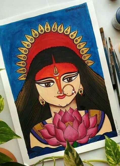 Indian Women Painting Easy, Abstract Durga Painting, Crayon Colour Drawing, Maa Durga Painting On Canvas, Durga Maa Paintings Easy, Indian Art Paintings Easy, Navratri Painting Ideas, Durga Acrylic Painting, Navratri Drawing Ideas