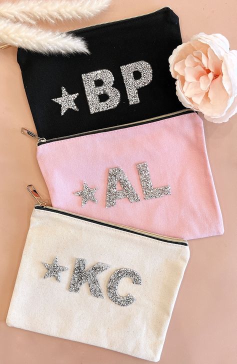 "Personalized monogram canvas makeup bag with custom initials for your bridal party or birthday. Perfect idea for bridesmaids gifts, bachelorette party or wedding event. Our canvas Monogram makeup bags are a cute gift for the bride to be, friends, bridesmaids, coworkers, or any woman friend who likes pretty things! Add it to our gift boxes for a special touch. DETAILS: ♥ Size: 7\" x 9\" Inches ♥ Material: 100% cotton canvas WHAT'S INCLUDED? ♥ 1 Personalized Canvas Makeup Bag ONLY ★ MORE BRIDESMA Monogrammed Makeup Bags, Custom Makeup Bags, Girls Personalized Gifts, Gift For The Bride, Canvas Makeup Bag, Canvas Cosmetic Bag, Bridesmaid Bags, Personalized Canvas