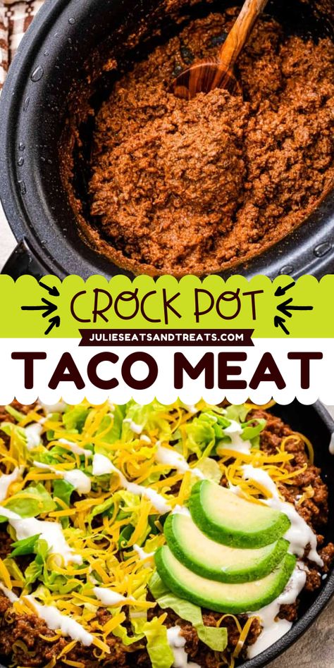 Hit the easy button tonight for dinner when you make this Crock Pot Taco Meat! Ground beef plus a few more ingredients turns into a delicious slow cooked taco meat perfect for topping your taco shells, salads and more on a busy night! Crock Pot Taco Meat, Slow Cooker Taco Meat, Tacos Ground Beef, Crockpot Taco Meat, Crockpot Beef Tacos, Crockpot Taco, Crock Pot Pizza, Slow Cooker Ground Beef, Homemade Taco Seasoning Mix