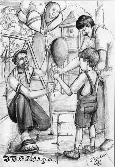 Pencil Figure Sketches, Ballon Seller Drawing Composition, Ballon Seller Memory Drawing, Memory Drawing Figures, Composition Drawing Sketches, Memory Drawing, Composition Drawing, Human Sketch, Perspective Sketch