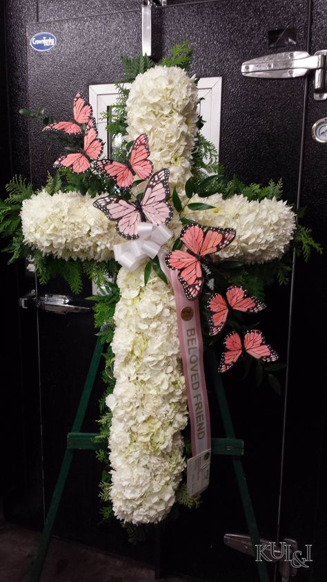 Diy Sympathy Flower Arrangements, Butterfly Arrangements, Butterfly Flower Arrangement, Cross Made Of Flowers, Cross Flower Arrangement, Graveside Flowers, Sympathy Cross Flowers, Heart Sympathy Arrangements, Bereavement Flowers Floral Arrangements