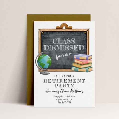 "EDITABLE, PRINTABLE TEACHER RETIREMENT PARTY INVITATION! School theme retirement party invitation. Can be used for any school-theme event as all text is editable! ---------------------------------------------- DEMO BEFORE YOU BUY! Copy and paste the URL into your browser: https://www.corjl.com/d/BGIC6 ---------------------------------------------- PERSONALIZE YOUR INVITATION! 1. Just a few minutes after purchase you'll receive an email with your direct link to your item where you can go and edit. Alternatively you can head straight to Corjl.com & login with your order information. 2. Personalize your item and then save. 3. Download files & print or send as text/email/social media. ---------------------------------------------- PERSONALIZABLE DETAILS: ALL TEXT can be edited  -------------- Schools Out Forever Retirement Party, Retirement Party Teacher, Retirement Party Ideas For Teachers, Retirement Invitation Ideas, Teacher Retirement Party Ideas, Theme Retirement Party, Work Retirement Party Ideas, Teacher Retirement Party, Party Card Box