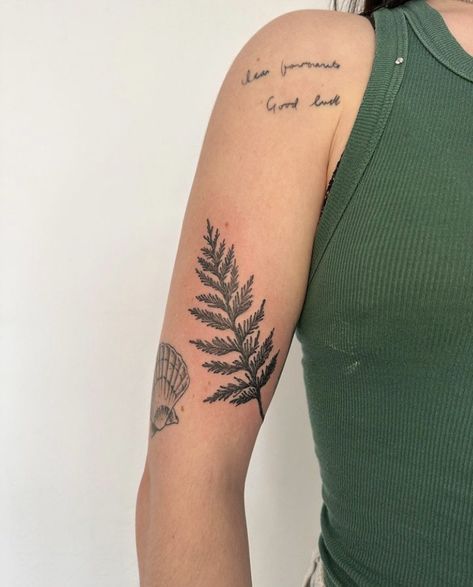 Greenery Arm Tattoo, Fern Bicep Tattoo, Women’s Outer Bicep Tattoo, Fern Tattoo On Arm, Plant Shoulder Tattoo Women, Patchwork Tattoo Ideas Nature, Large Leaf Tattoo, Word Tattoo Cover Up, Forestry Tattoos