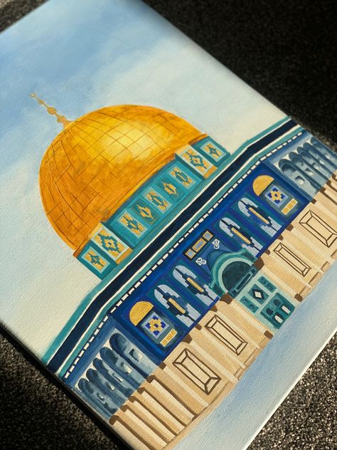 Masjid Al Aqsa Painting On Canvas, Mosque Art Painting, Al Aqsa Mosque Drawing, Mosque Painting, Mosque Drawing, Allah Mohammad, Aqsa Mosque, Cotton Saree Blouse Designs, Mosque Art