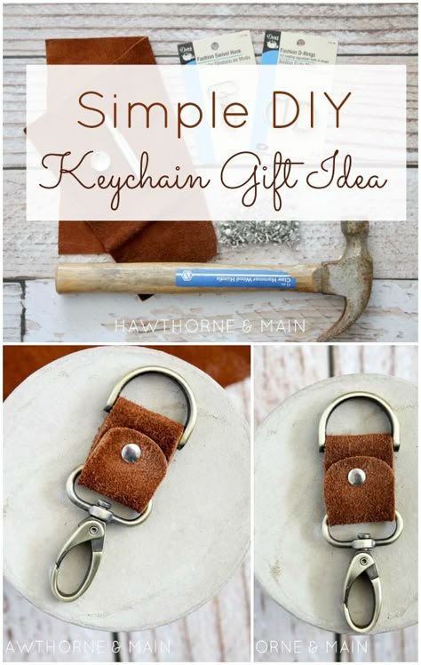 How amazing is this DIY Leather Key Chain?! The perfect gift for the men in your life!:                                                                                                                                                                                 More Diy Mens Keychain Ideas, Diy Leather Gifts, Leather Keychain Diy, Joululahjat Diy, Leather Scrap, Diy Leather Projects, Leather Diy Crafts, Simple Leather, Leather Scraps