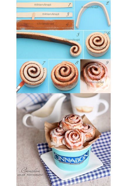 Polymer Clay Cinnamon Roll, Miniature Food Tutorials, Miniature Bakery, Clay Magnets, Dollhouse Miniature Tutorials, Doll House Crafts, Tanah Liat, Clay Diy Projects, Dollhouse Miniatures Diy