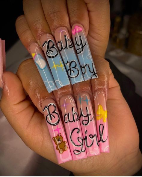 Blues Clues Gender Reveal Nails, Gender Reveal Acrylic Nails Ideas, Gender Reveal Hair Ideas, Gender Nails Ideas, Pink And Blue Nails Gender Reveal, Gender Reveal Nails Ideas Acrylic, Gender Nails, Baby Shower Nails Girl, Nails Gender Reveal