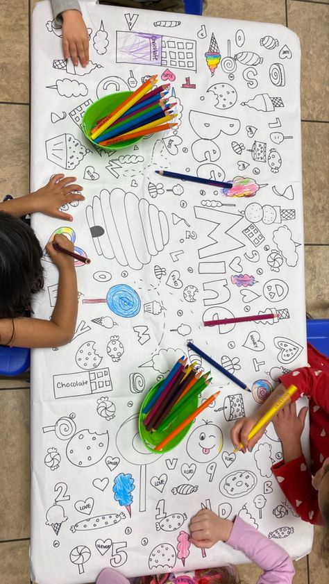 It took about 20-30 minutes before my students started arriving to complete this gem. I just used a large paper roll, taped it down under the table and went to town with a black sharpie. TIP: it’s helpful to start with bigger drawing, then fill in the empty space with small doodles:) #preschool #art #valentinesday Arts And Crafts Party Ideas, Kids Birthday Activities, Bigger Drawing, Table Activities For Kids, Party Crafts For Kids, Complete The Drawing, Small Doodles, Party Activities Kids, Painting Birthday Party