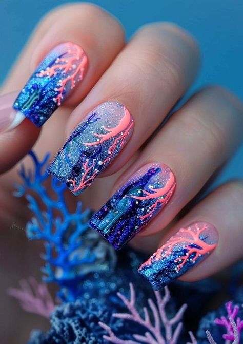 River Nails Designs, Coral Reef Nail Art, Coral Design Nails, Underwater Nail Art, Under Water Nails, Under The Sea Nail Designs, Bright Blue Nail Designs, Coral Reef Nails, Bright Nails Designs