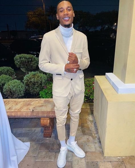 Beige Prom Suits For Men, Tan Prom Suits For Men, Slim Fit Prom Suits, Tan Homecoming Suit, All White Homecoming Outfit Men, Black Male Homecoming Outfits, Turtle Neck Suits Men, Prom Fits Men Turtle Neck, Turtle Neck Suit Men Prom