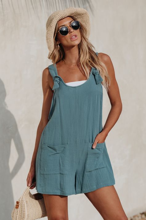 Patch Pocket Pinafore Romper Casual Sleeveless Shortalls For Beach, Spring Beach Shortalls, Caribbean Cruise Outfits, Spring Beach Shortalls Overall, Non-stretch Overalls And Rompers For The Beach, Casual Beach-style Overalls And Rompers, Tie Waist Jumpsuit, Affordable Swimwear, Wide Leg Romper