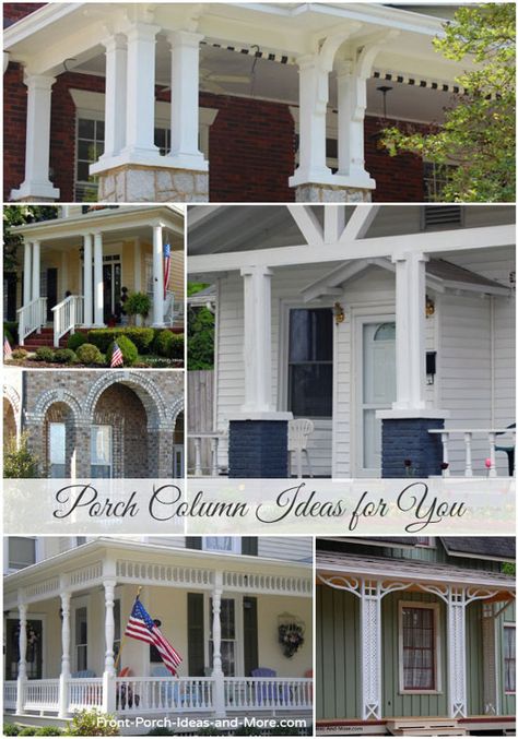 Extensive information and pictures about porch columns: http://www.front-porch-ideas-and-more.com/porch-columns.html #porchposts Small Front Porch With Columns, Porch Post Ideas Columns, Columns Front Porch, Front Porch Column Ideas, Porch Post Ideas, Porch Column Ideas, Doorway Ideas, Porch Column Wraps, Columns Design