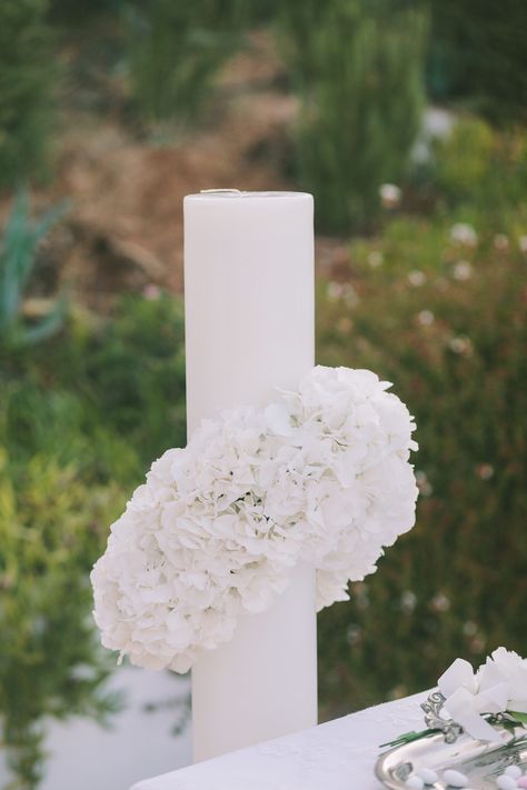 Wedding in Greece - Wedding Candles Pillar Candles And Flowers Wedding, Greek Columns Wedding Decor, Greek Wedding Candles Church, Candle Larkspur Flower, Greek Wedding Candles, Orthodox Wedding Candles, Greek Statue Candle, Orthodox Wedding, Elegant Sophisticated