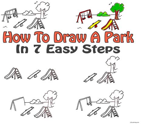 How To Draw A Park In 7 Simple Steps 1 Park Drawing, Lol Coloring Pages, Lol Coloring, Public Space Design, Park Tool, Learn How To Draw, Easy Drawing, Drawing Skills, Swing Set