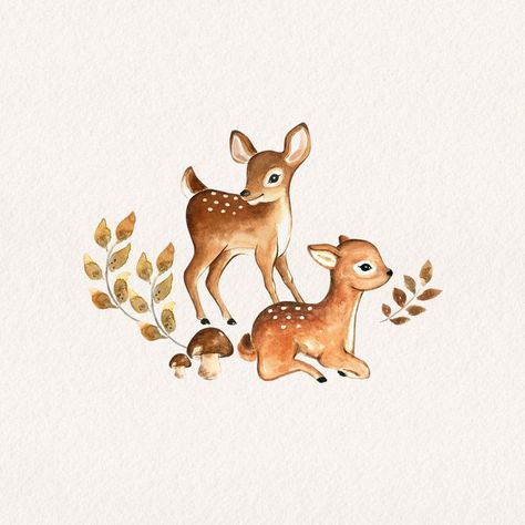 Woodland Watercolor, Deer Drawing Cute, Cute Deer Drawing, Woodland Animal Drawings Simple, Fawn Drawing, Baby Deer Drawing, Deer Drawing Easy, Fawn Watercolor, Woodland Creature Watercolor