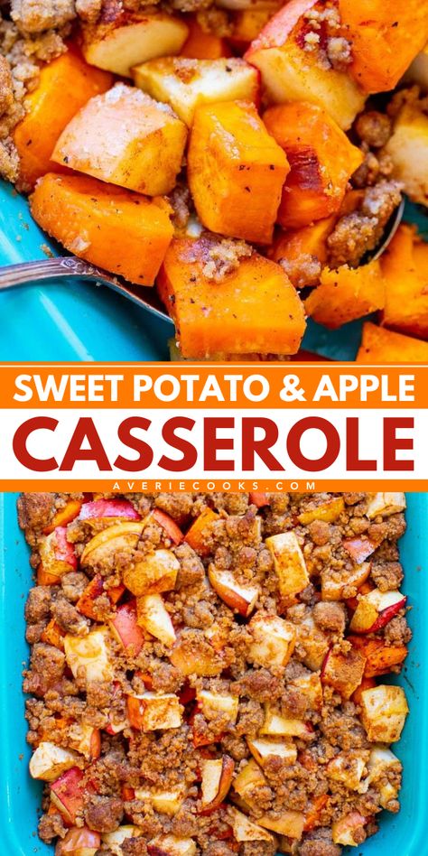 This simple apple recipe is a healthier twist on sweet potato casserole! With the perfect amount of crumble topping, this Roasted Sweet Potato and Apple Casserole is a delicious Thanksgiving recipe. Save this fall baking idea! Apple Casserole, Baked Sweet Potato Casserole, Holiday Dinner Ideas, Sweet Potato Side Dish, Sweet Potato Sides, Sweet Potato Recipes Roasted, Best Thanksgiving Side Dishes, Herb Roasted Potatoes, Roasted Apples