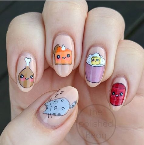 Thanksgiving Food Nail Art, Thanksgiving Nail Ideas Simple Short, Thanksgiving Food Nails, Thanksgiving Nails For Kids, Cute Thanksgiving Nail Designs, Turkey Nails Designs, Thanksgiving Nails Easy, Cute Thanksgiving Nails, Food Nail Art