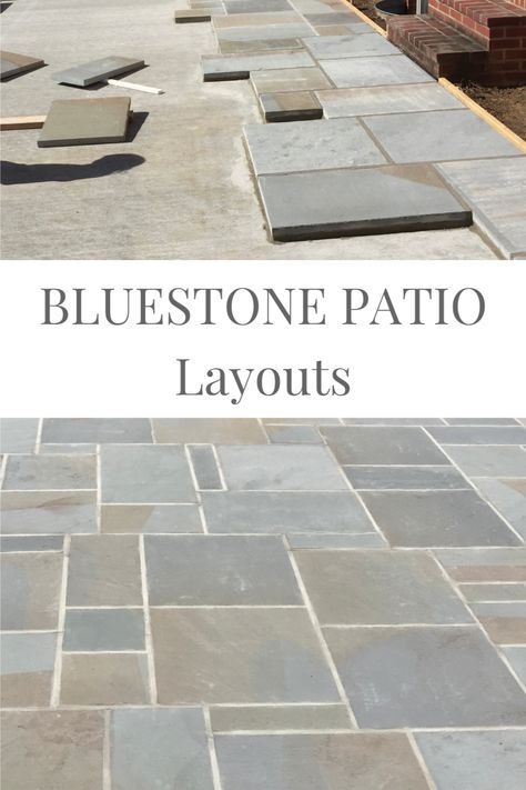 Tiled Porch Ideas, Outdoor Tile For Front Porch, Concrete Patio With Stone Border, Patio Stone Patterns, Tiled Front Porch Ideas, Stone Over Concrete Porch, Modern Bluestone Patio, Stone Patio Designs Layout, Outdoor Patio Title