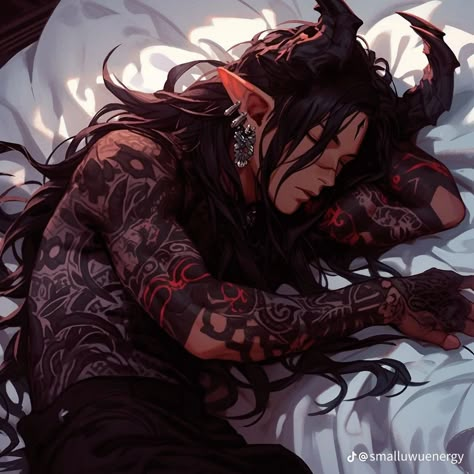 Suggestive Pose Drawing Ref, Dragon Man Art, Dragonoid Human Male, Male Elf Art, Dark Wavy Hair, Dark Characters, Demon Reference, Character Creating, Pointed Ears