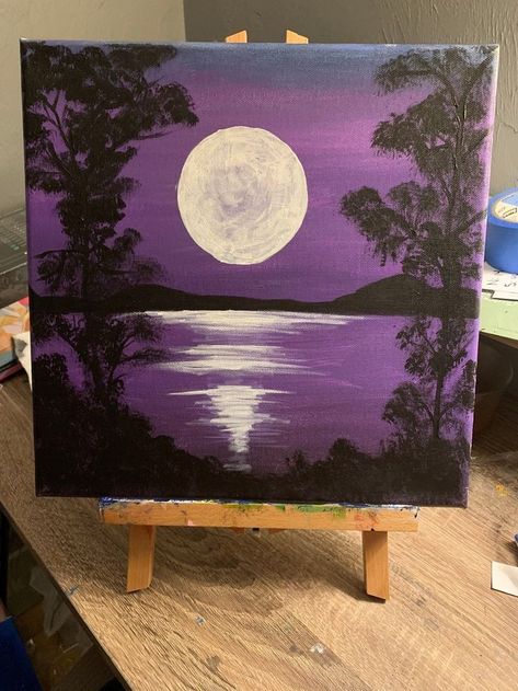 Lake Silhouette Painting, Purple Background Canvas Painting, Purple Background Painting Ideas, Paintings With Purple Backgrounds, Purple Painting Ideas Easy, Purple Sunset Painting Easy, Purple Canvas Painting Easy, Purple Things To Draw, Cute And Easy Paintings On Canvas