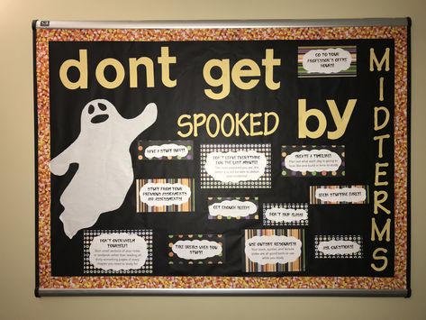 midterms bulletin board college ra #reslife #RA #KU Ghost Ra Bulletin Board, Ra October Programs, Midterms Bulletin Board Ra, Ra Bulletin Boards Midterms, College Theme Bulletin Board Ideas, Midterm Ra Bulletin Board, October Ra Board Ideas, Midterms Bulletin Board, Midterm Bulletin Board Ra