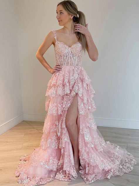 A-Line/Princess Tulle Lace Straps Sleeveless Court Train Dresses Corset Dress Formal, Trumpet Prom Dress, Tiered Prom Dress, Corset Dress Prom, Wedding Dresses Corset, A Line Prom Dresses, Gown Prom, Ball Gowns Prom, Prom Dresses Ball Gown