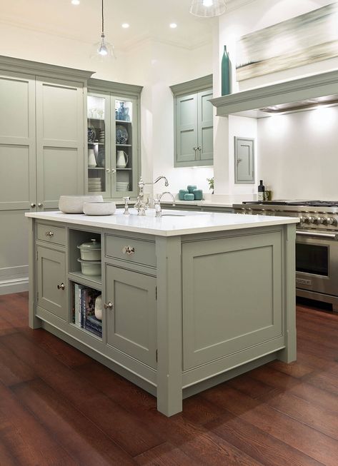 Green Country Kitchen, Green Shaker Kitchen, Bespoke Cabinetry, Quartz Island, Curved Seating, Tom Howley, Sage Kitchen, Kitchen Cabinet Inspiration, Sage Green Kitchen