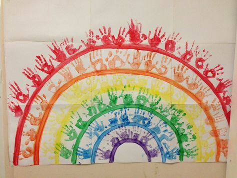 Rainbow hand prints - great inclusion activity for all children. Everyone has their own hand prints but the whole class works together to form the rainbow. Pride Activities For Preschool, Harmony Week Activities For Kids, Harmony Week Activities Preschool, Harmony Day Activities For Toddlers, Pride Activities For Toddlers, Pride Kids Activities, Whole Class Art Project, Pride Activities For Kids, Harmony Week Activities