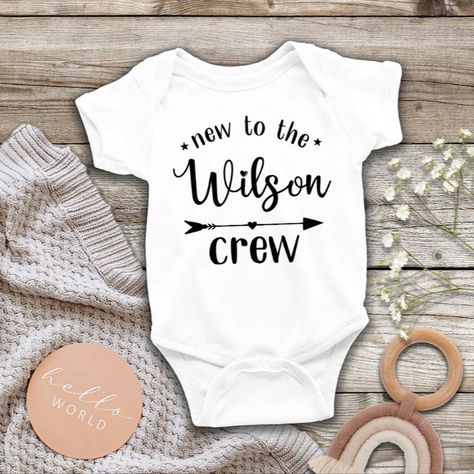 New to the Crew Bodysuit, Baby Onesie, Custom Onesie, Personalized Gift for Baby, Baby Gift, Newest Addition Baby Boy Onesie Ideas Vinyl, New To The Crew Onesie, Cricut Onesie Ideas Boy, Body Suit Ideas, Funny Baby Onesies Boy, Family Sayings, Crafts For Baby, Cricut Gift Ideas, Boy Onesies