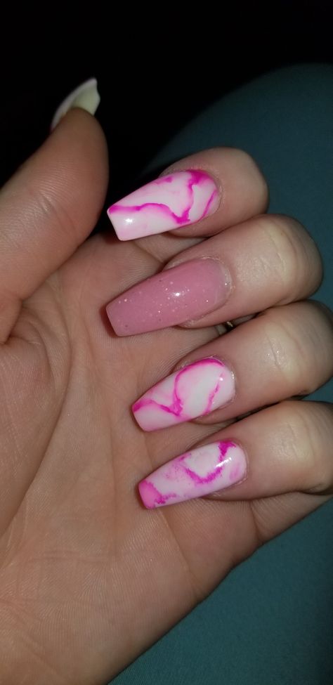 Hot Pink And White Acrylic Nails, Pink And White Marble Nails, Hot Pink Marble Nails, Marble Nails Pink, Nail Designs Hot Pink, White Marble Nails, Nails Pink And White, Pink Marble Nails, Pink And White Marble