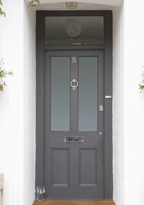 front door (grey eye shadow)  think I will paint my frame white but this is exactly how I want my door to look perhaps with funky etched glass though Dark Grey Front Door, Gray Front Door Colors, Grey Front Door, Victorian Front Door, Grey Front Doors, Metal Doors Exterior, Best Front Door Colors, Victorian Front Doors, Porte In Ferro