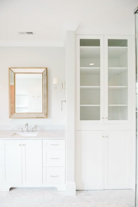 Master Bathroom Cabinetry || Studio McGee: Mirror Cupboard, Bathroom Linen Closet, Inset Cabinetry, Bathroom Cabinetry, Bathroom Closet, Linen Cabinet, Subway Tiles, Trendy Bathroom, Studio Mcgee