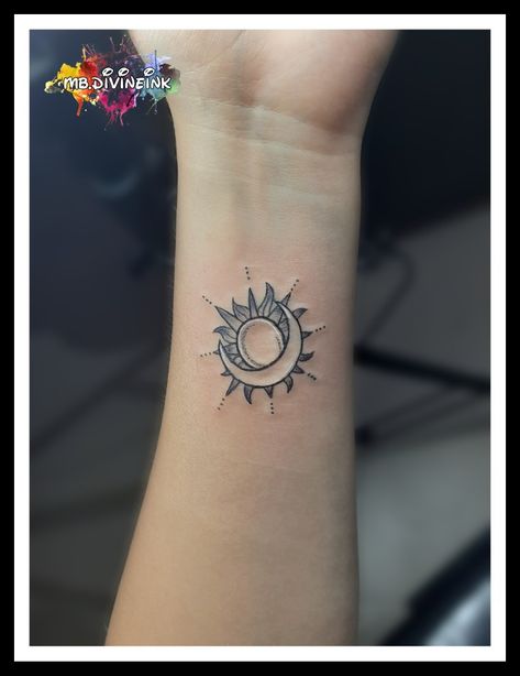 Sun tattoo, Star tattoo, Moon tattoo, Planet tattoo, Small tattoo, Black tattoo, Beautiful tattoo, Classy tattoo, Line tattoo, Wrist Tattoo, Girl tattoo, Tattoo for women, Minimal tattoo INSTAGRAM:- www.instagram.com/mb.divineink Cute Wrist Tattoos Black Women, Sun And Moon Wrist Tattoos For Women, Line Tattoo Wrist, Small Sun And Moon Tattoo, Star Tattoo On Wrist, Small Black Tattoos, Classy Tattoo, Tattoo Planet, Eclipse Tattoo