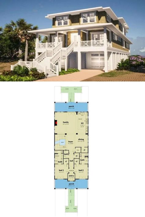 Two-Story 6-Bedroom Beach House Plan with Narrow Footprint and Elevator Large Beach House Plans, 2 Bedroom Beach House, Narrow Beach House, Beach House On Stilts, Large Beach House, Modern Beach House Design, Barndominium House Plans, Detailed Sketches, Beach House Floor